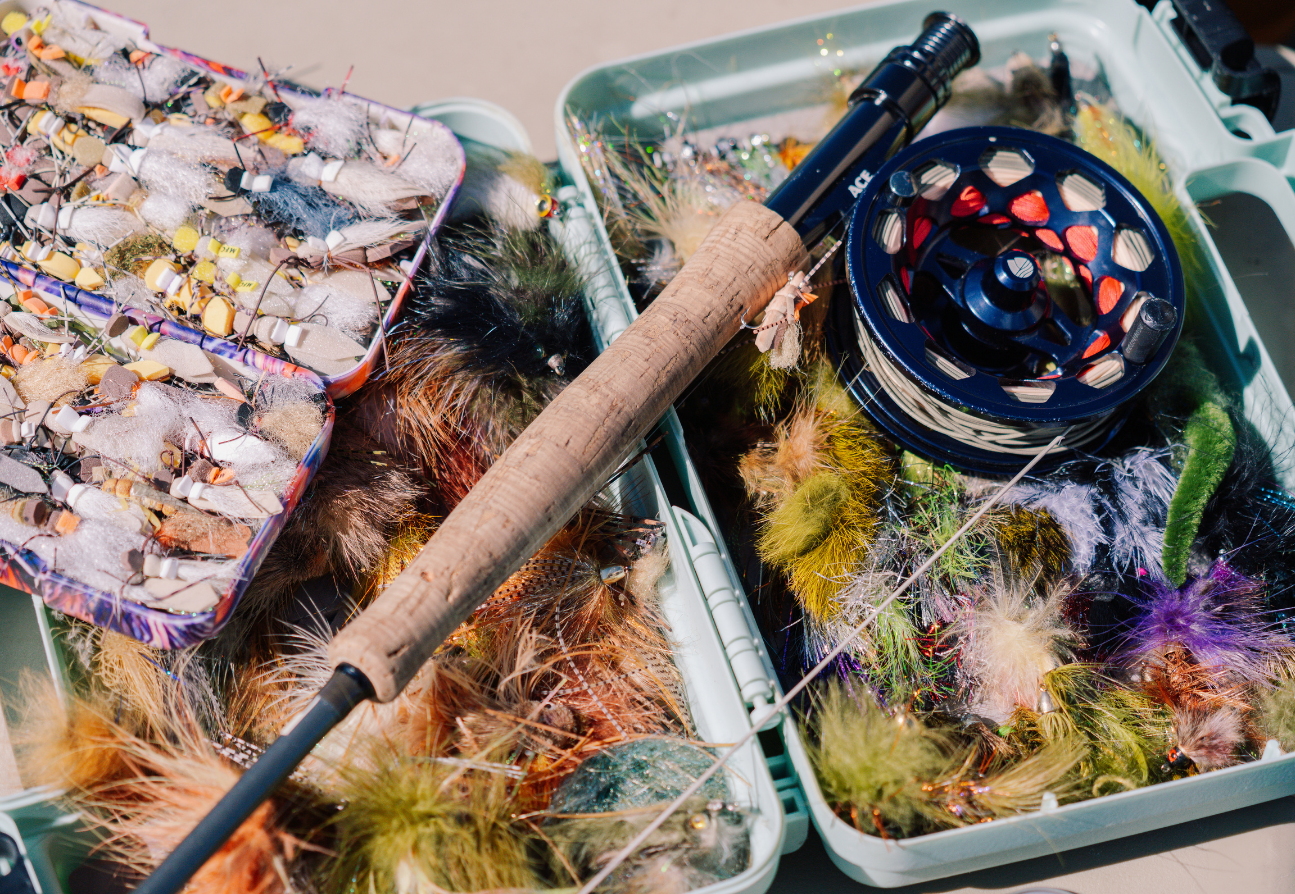 flies and fishing rod for fishing on the snake river